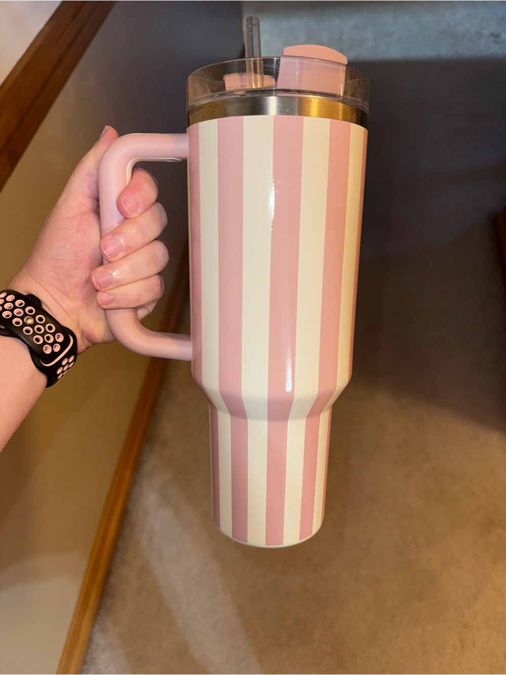 Stanley Pink and White Striped Travel Tumbler with Handle - Picture 2 of 6